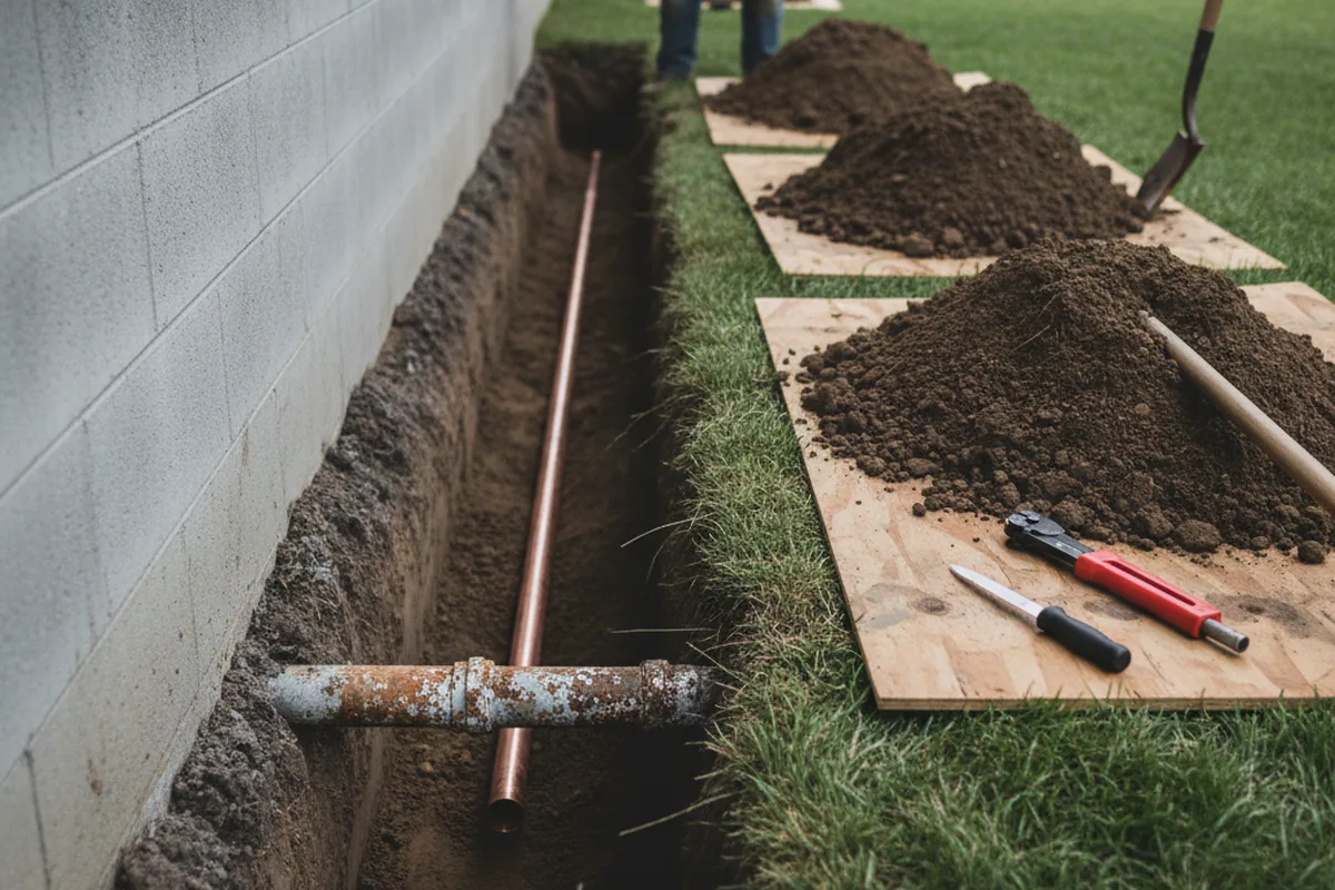 Excavated water line trench during Water Softener Installation in Nancy